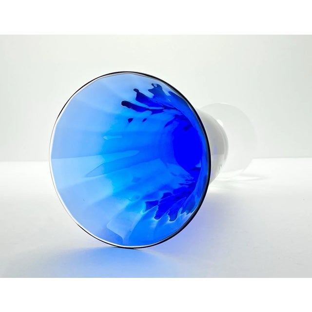 Contemporary Large Optic Footed Trumpet Flared Cobalt Blue Glass Vase For Sale In Dallas - Image 6 of 7