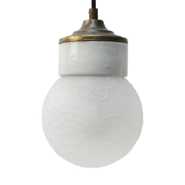 Vintage Industrial White Porcelain Clear Glass Brass Pendant Lights For Sale