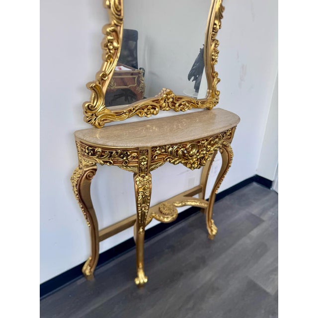 Grand French Rococo Gold Leaf Console Table With Ornate Mirror & Light Marble Top – Luxury Entryway Set For Sale In Miami - Image 6 of 6