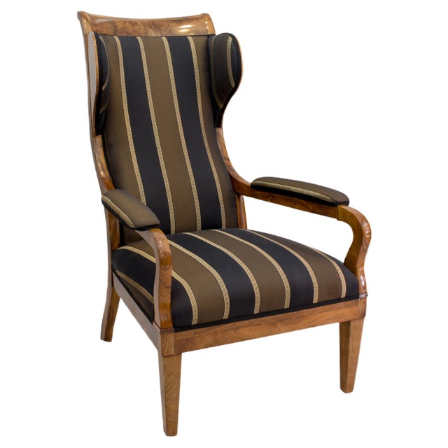 Early 19th Century Biedermeier Solid Walnut Ear / Wing Armchair For Sale