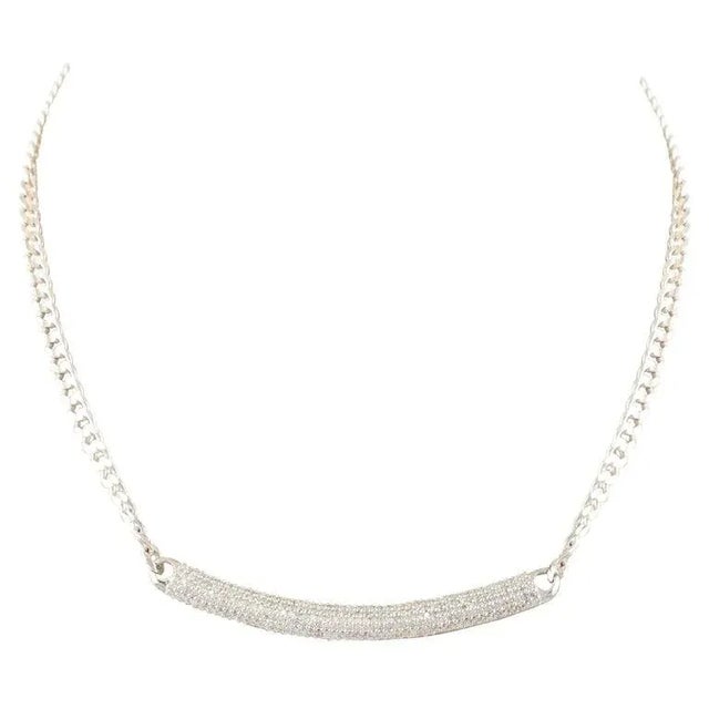 14k Solid White Gold Cluster Diamonds Bar Chain Necklace For Sale - Image 9 of 16