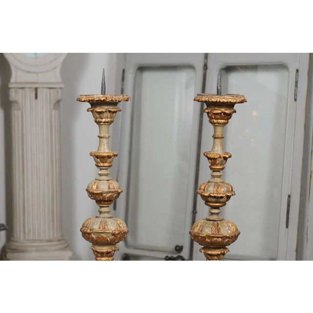 Early 19th Century French Rococo Style Carved and Painted Candlesticks - A Pair For Sale - Image 11 of 12