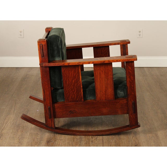 Stickley Brothers Antique Oak Arts & Crafts Rocking Chair With Green Upholstered Cushions For Sale In Philadelphia - Image 6 of 18