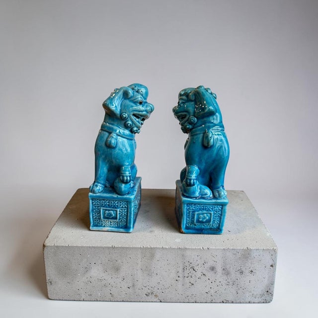 Set of 2, 1970s Blue Foo Dog Guardian Lion Ceramics Set For Sale - Image 9 of 10