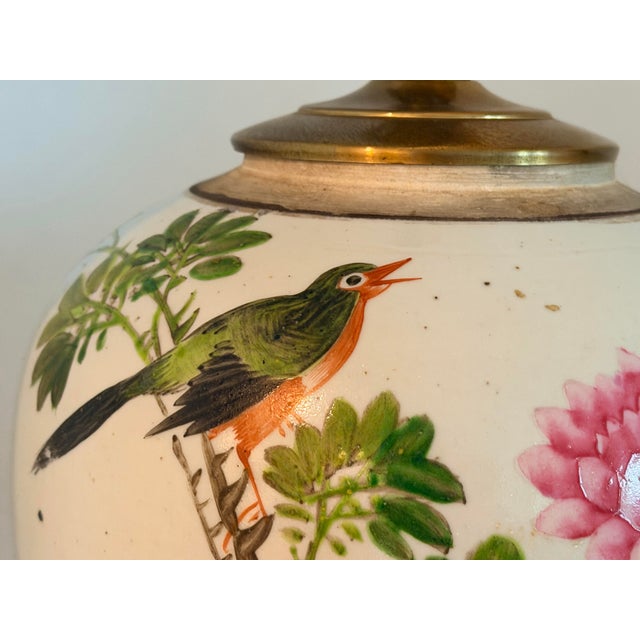 Mid 20th Century Pair of Chinese Famille Rose Chinoiserie Porcelain Handpainted Ginger Jar Table Lamps, Pink and Green Floral With Birds and Calligraphy For Sale - Image 5 of 18