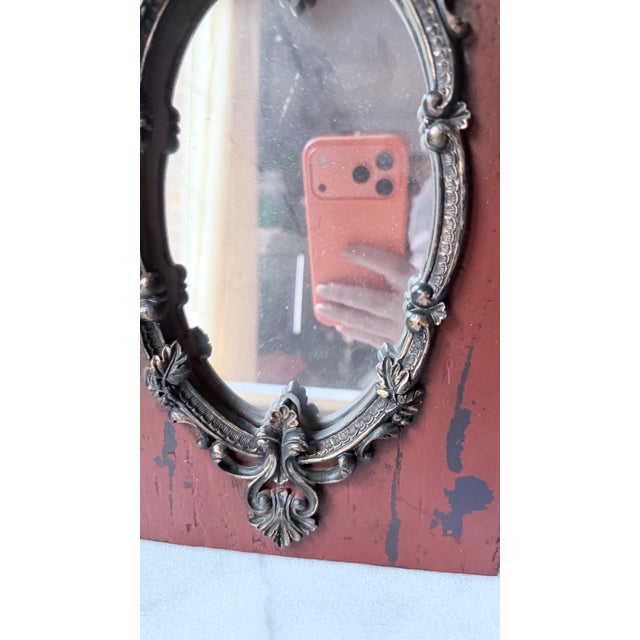 Wood Vintage Red Distressed Wall Mirror With Ornate Frame For Sale - Image 7 of 10