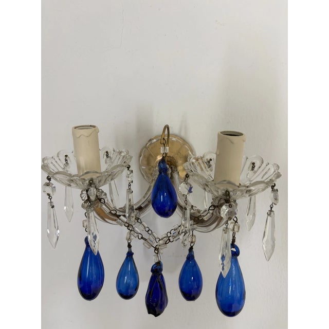 C 1920 Cobalt Mouth Blown Murano Drops Crystal Prisms Sconces One of a Kind For Sale - Image 6 of 11