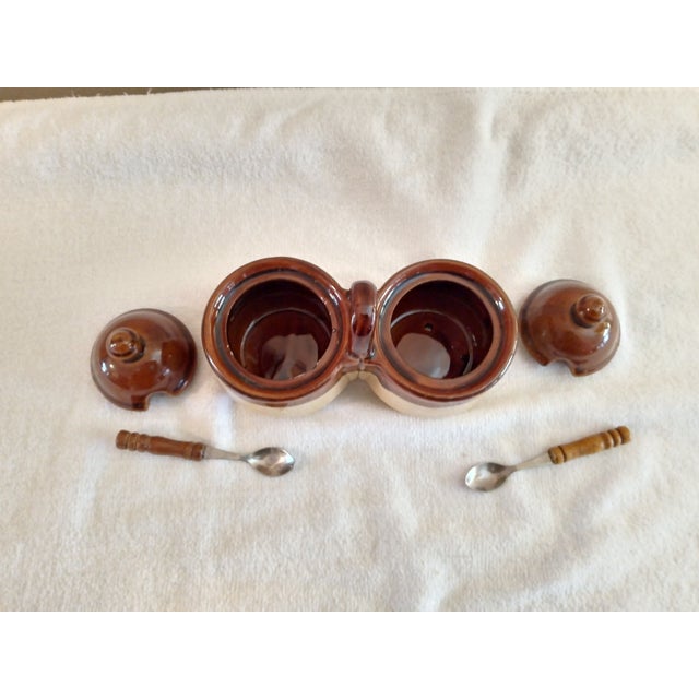 Ceramic Vintage Stoneware Brown Glaze Double Condiment Jars Houston Foods 21979 - a Pair For Sale - Image 7 of 7