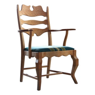 Vintage Brutalist Oak Razorblade Green Striped Armchair by H. Kjærnulf, 1960s For Sale