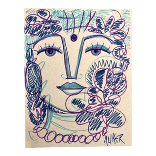 Original Ink Drawing on Cotton Paper by CL Auker, Woman in Purple and Blue For Sale