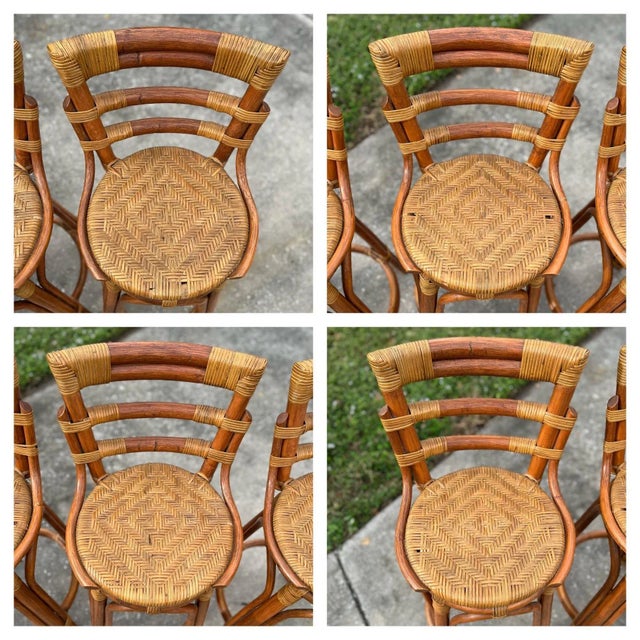 Vintage Wood and Bamboo Tiki Dry Bar Set + Four Matching Swivel Bamboo Stools For Sale - Image 9 of 12