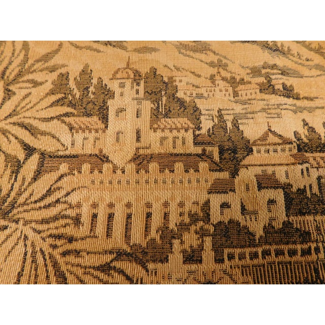 Vintage French wall hanging tapestry panel in gold tone, depicting a landscape scenery with river and monuments in the...