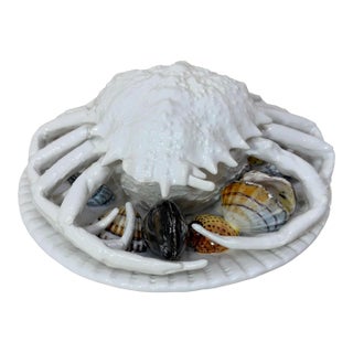 Vintage Handmade Italian White Majolica B. Altman Crab Clam Covered Pottery Dish For Sale