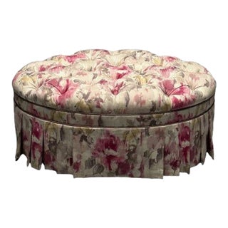 Traditional, Oval Tufted Ottoman or Pouf, Tie Dye Floral Fabric, Wood, Usa 2010s For Sale