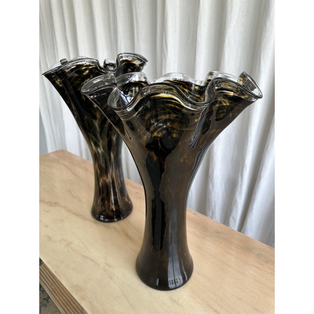 Beautiful large vintage Murano glass handkerchief vases with ocelot pattern. High-quality handmade Murano glassware, an...