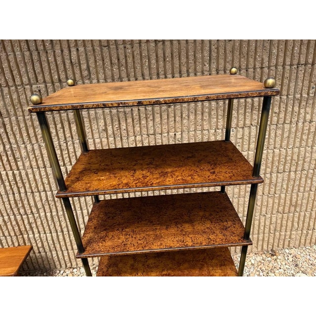 Vintage Hollywood Regency Style Brass Frame Burled Wooden Shelves Bookcase Etagere For Sale - Image 4 of 17