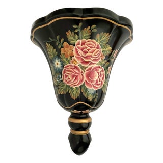 Vintage 19th Century - Style Regency Black & Floral Wall Sconce Shelf For Sale