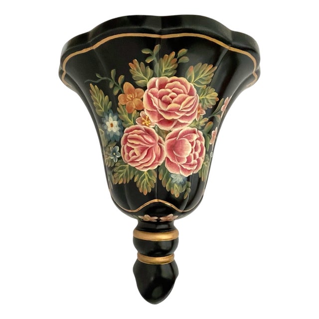 Vintage 19th Century - Style Regency Black & Floral Wall Sconce Shelf For Sale