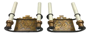 Pair Arts and Crafts Iron, Bronze, and Mica Sconces, Attributed to Oscar Bach