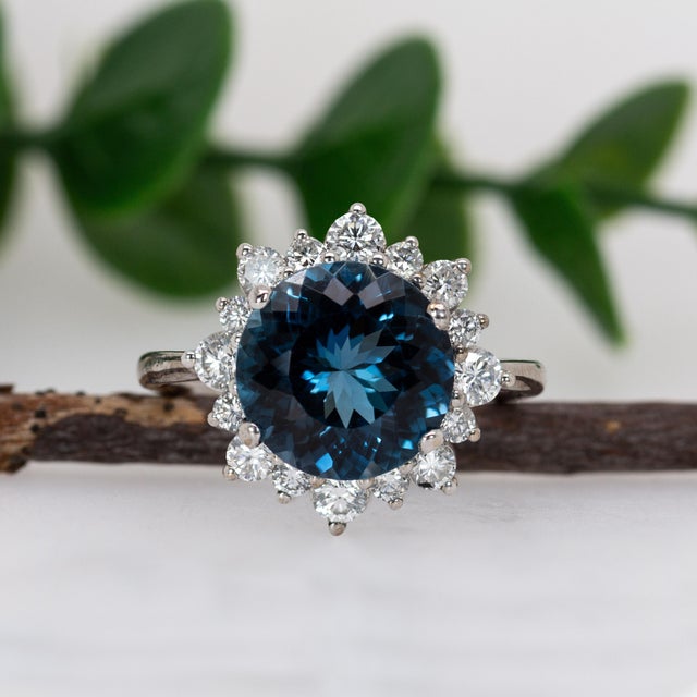 Art Deco 4cts London Blue Topaz Ring W Natural Diamond Halo in Solid 14k Gold | Rd 9mm, Size 6.75 For Sale - Image 3 of 8