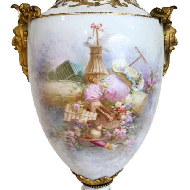 Antique White & Gilt Bronze Sevres Porcelain Urn Vase Lamp Angels For Sale - Image 13 of 18