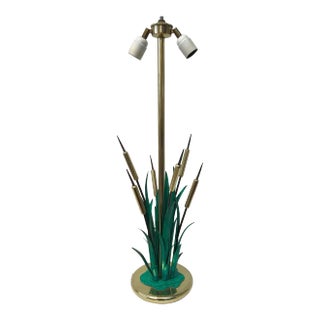 1970s Brass and Enamel Cattail Table Lamp For Sale