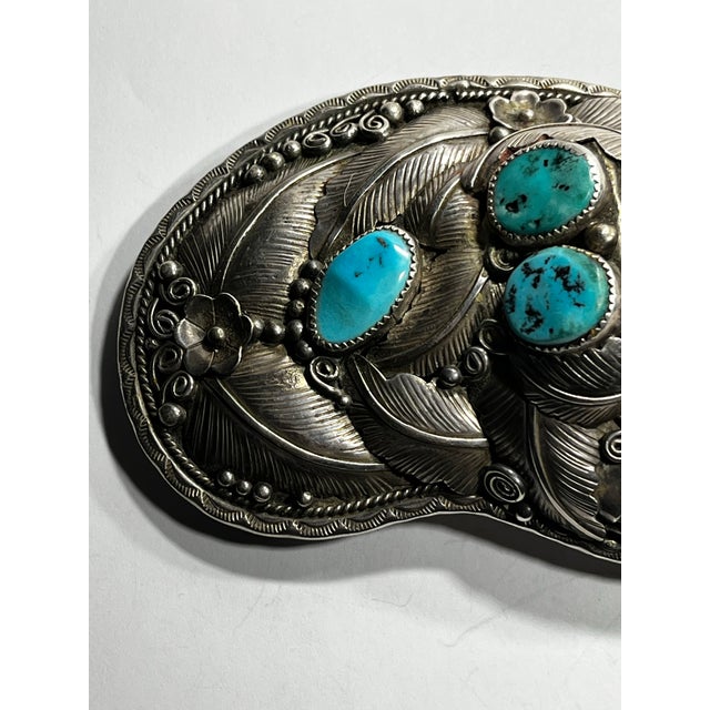 1970s Vintage Native American, Claw Turquoise and Sterling Silver Belt Buckle For Sale - Image 5 of 10
