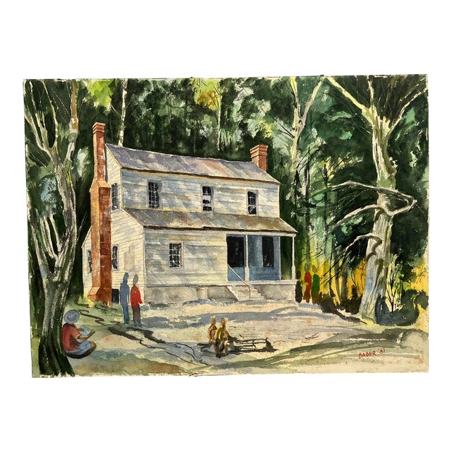 Vintage Mountain House Watercolor Painting Signed Barber For Sale