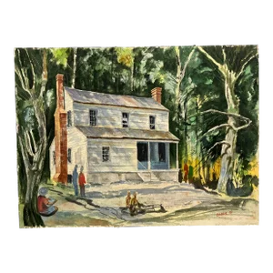Vintage Mountain House Watercolor Painting Signed Barber