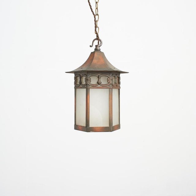 Brown Antique Arts and Crafts Glass Hexagonal Lantern Pendant Light, 1930s For Sale - Image 8 of 8