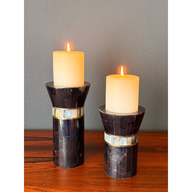 1980s Pair of Tessellated Horn and Brass Candle Holders For Sale In Los Angeles - Image 6 of 12