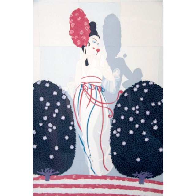 1970s Vintage 1970s Art Deco Erté Silk Scarf Framed Elegant Woman With Topiary For Sale - Image 5 of 12