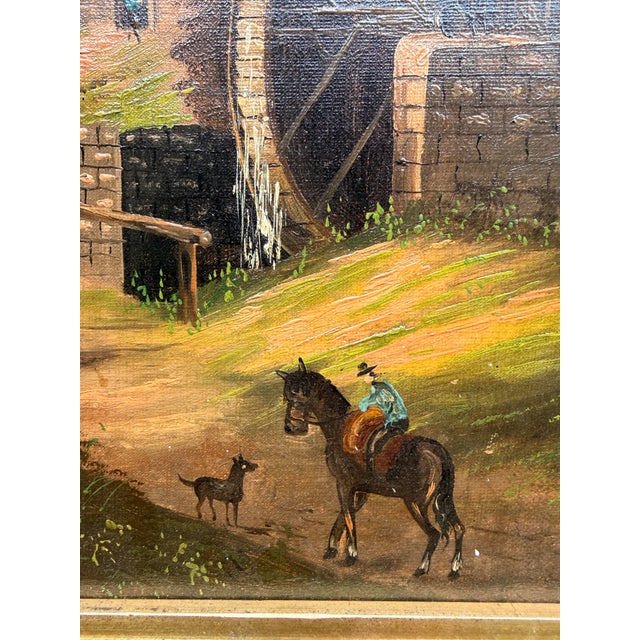 Traditional 19th Century Watermill Oil Painting Landscape With Horses and Riders For Sale - Image 3 of 5