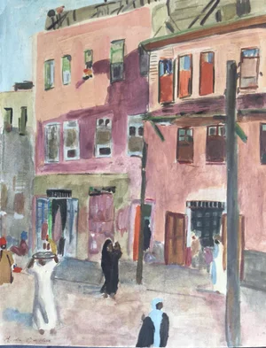 Raoul Du Gardier, Busy Street in Cairo, 1925, Signed Gouache