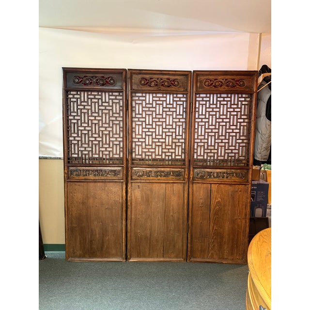 Chinese Chinese Carved Wood Folding Screen, Antique For Sale - Image 3 of 18