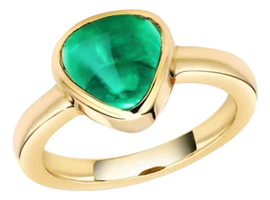 14k Gold Bezel Dome Ring Trillion Cabochon Colombian Emerald, Size 6