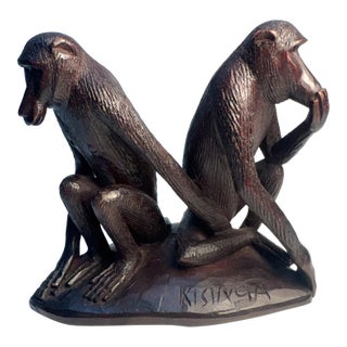 Vintage African Folk Art 2 Hand Carved Wooden Monkeys Figurine For Sale