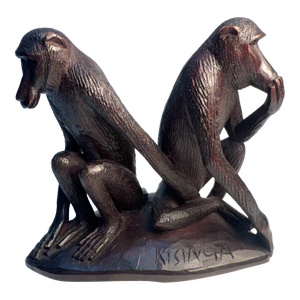 Vintage African Folk Art 2 Hand Carved Wooden Monkeys Figurine
