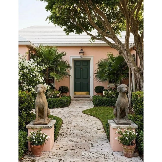 Pair of Vintage Weathered Cast Stone Seated Pointer Garden Statues For Sale - Image 11 of 12