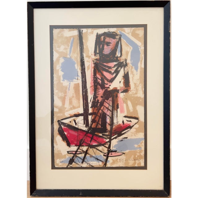 An original multi-color stone lithograph titled "Fisherman" by listed artist Emil Weddige (1907–2001), executed in...