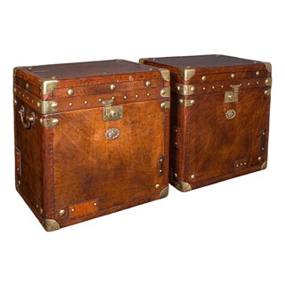 Pair of Late Vintage Campaign Luggage Trunks, English Leather Bedside Nightstand For Sale