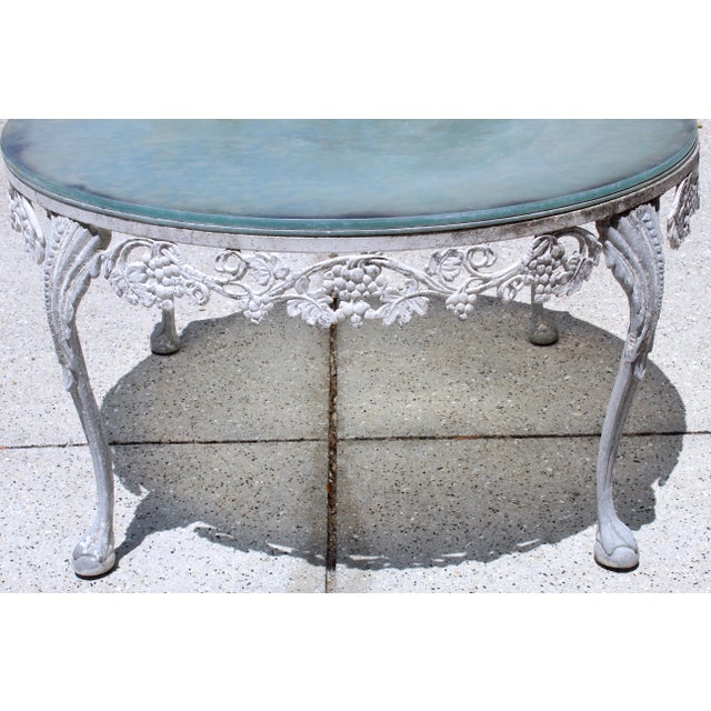 Vintage 1950s Cast Aluminum Patio Set | 5-Piece Outdoor Seating | Rocker Chairs + Bench + Glass Top Table | Hollywood Regency Garden Furniture For Sale - Image 13 of 18