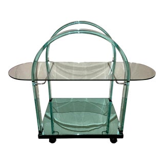 1980s Italian Modern Fiam Bent Glass and Mirror Bar Cart Trolley For Sale