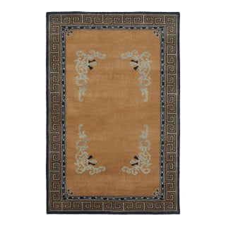 Rug & Kilim’s Chinese Art Deco Inspired Square Rug, Brown With Greek Key Border For Sale