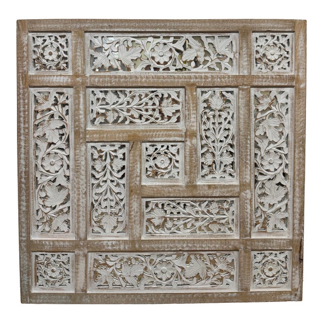 Bohemian Rustic Carved Mango Wood Wall Panel Mirror For Sale