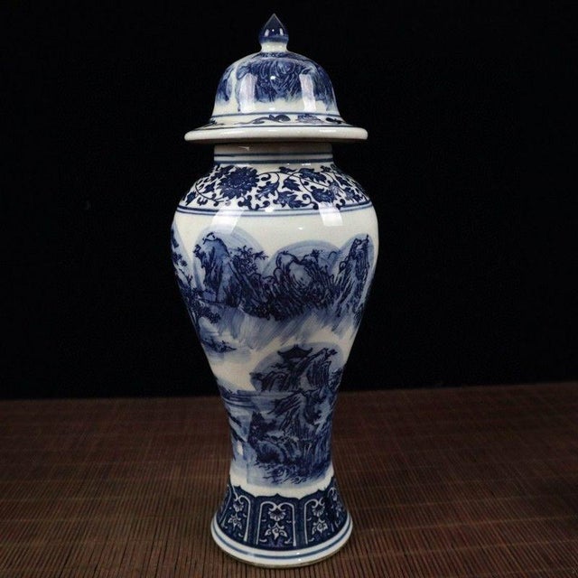Chinoiserie Blue and White Landscape Porcelain Lidded Ginger Jar For Sale In Los Angeles - Image 6 of 9