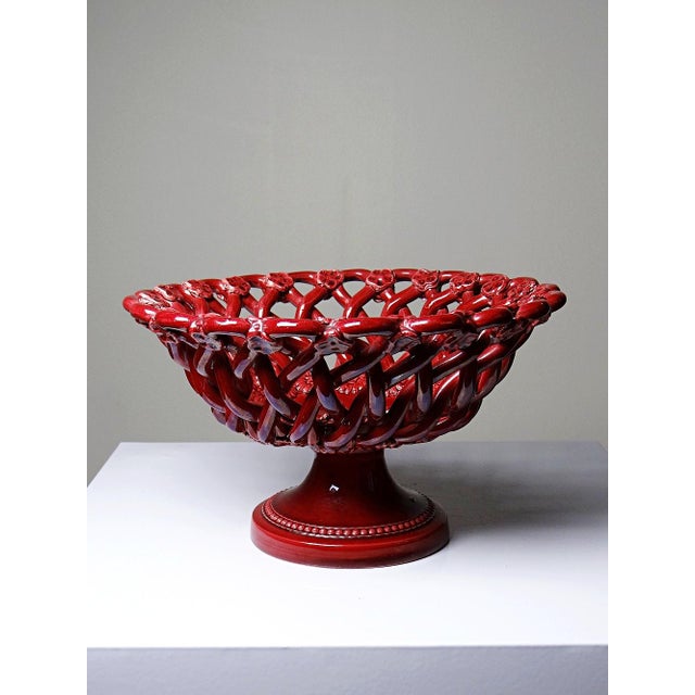 Mid-Century Modern Small Vintage Red Braided Openwork Ceramic Bowl from Pichon Uzès, 1980s For Sale - Image 3 of 10