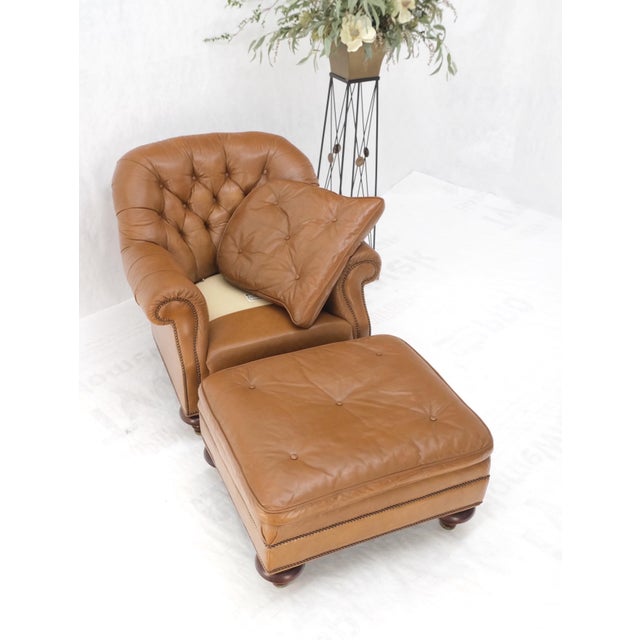 Baker Tan Leather Tufted Back Large Arm Chair w/ Ottoman Pouf Turned ...