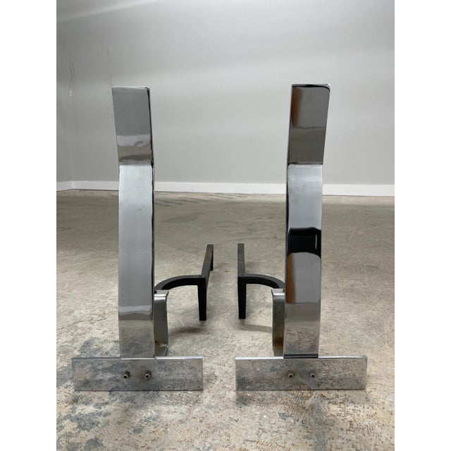 Pair of Mid-Century fireplace andirons in chrome by Alessandro Albrizzi