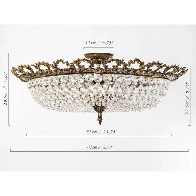 French Large Brass & Crystal Semi Flush Mount Basket Chandelier, Spain 1950s For Sale - Image 3 of 13